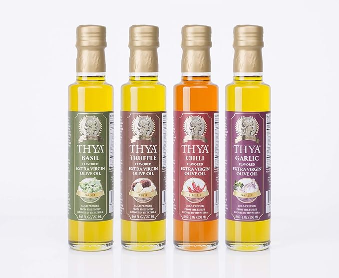 Thya Flavored Extra Virgin Olive Oil Variety Pack: Garlic Chili Pepper Truffle Basil | First Cold Pressed Olives | EVOO Value Pack | 4 Bottles of 8.45 Fl oz each | Total 33.8 Fl oz