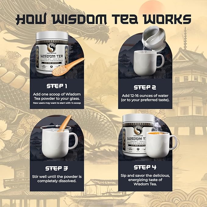 Yerba Mate Focus Tea Powder for Men - Daily Nootropic Drink for Clean Energy Focus &amp Mood Support | Powered by Citicoline L-Theanine L-Tyrosine &amp Lion’s Mane | Wisdom Tea - Sweet Tea - 30 S