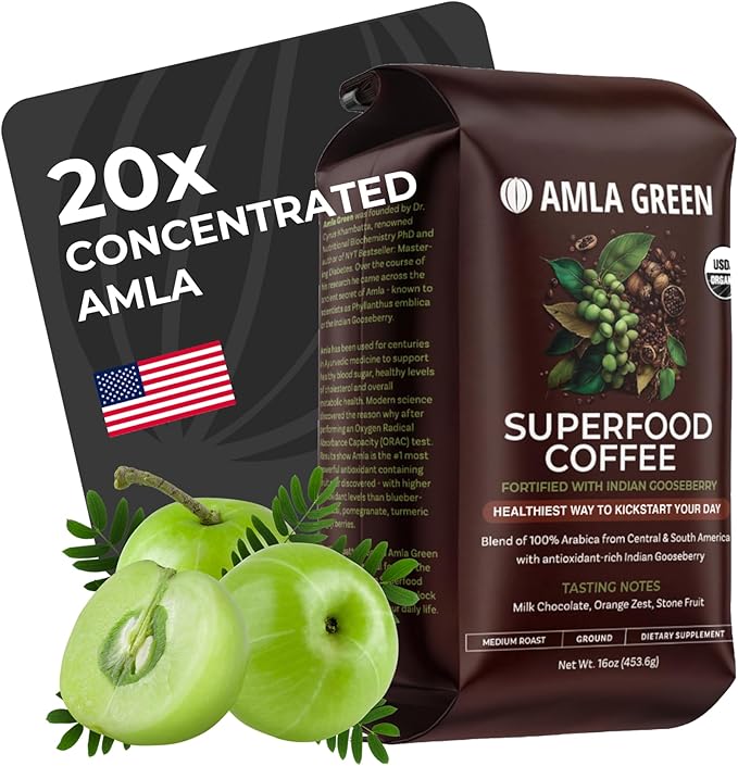Amla Green Organic Ground Superfood Coffee Medium Roast Gourmet Coffee with Antioxidant Rich Indian Gooseberry 100% Arabica Special with Amla Benefits 16 Oz