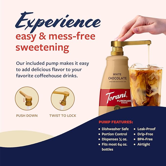 Torani Puremade White Chocolate Sauce for Coffeehouse Drinks and Desserts Large 4lb Bottle Pump Included 64 Fl Oz