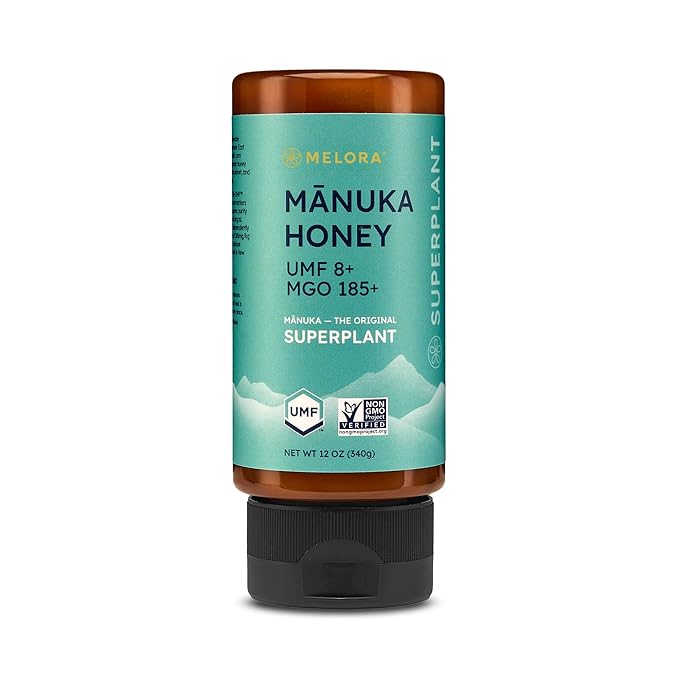 Melora Manuka Honey New Zealand Raw Honey | Pure Unfiltered Unpasteurized Honey | Organic Squeeze Bottle | UMF 8+ | MGO 185+ | 12 oz