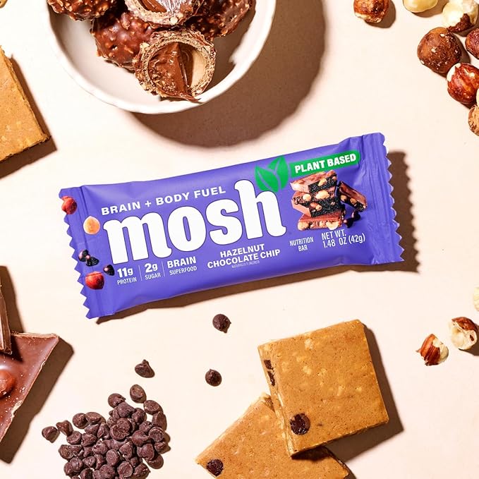 MOSH Hazelnut Chocolate Chip Vegan Protein Bars Plant Based Keto Gluten Free Brain Healthy Snack with Cognizin Ashwagandha and Lion's Mane 12 Count