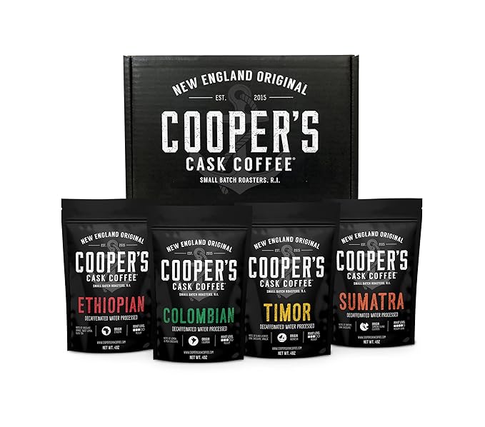 Gourmet Decaffeinated Coffee Sampler Gift Box Set | Whole Bean Coffee 4 bags Ethiopian Colombian Timor Sumatra Water Processed (Whole Bean 16oz Decaf)