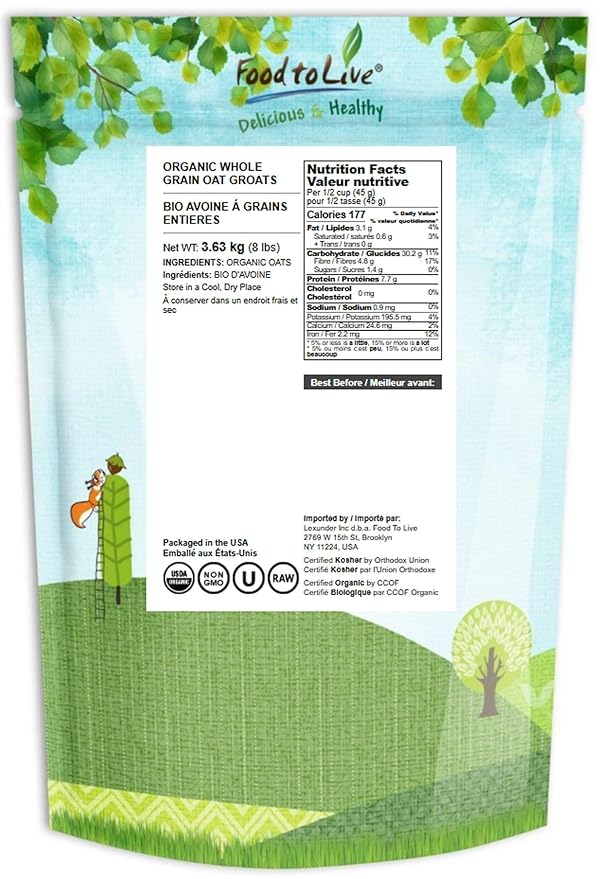Food to Live Organic Oat Groats 8 Pounds - Whole Grain Non-GMO Seeds Kosher Raw Non-Irradiated Vegan Bulk Low Glycemic Rich in Protein Fiber Copper and Manganese
