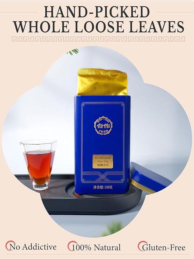 CO-OP 1950 Decaf Puerh Tea Loose Leaf Decaffeinated 150g Premium Yunnan Large-Leaf Aged Fermented Tea Smooth Rich &amp Smooth No Additives 20 Empty Teabags Included Tin