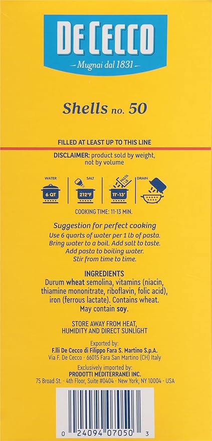 De Cecco Semolina Pasta Shells No.50 1 Pound (Pack of 12)