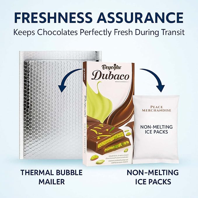 Beyoglu 200g Dubaco Pistachio Kataifi Milk Chocolate Bar – Luxury Dubai Chocolate – Ships in Cold with Peace Merchandise Thermal Bubble Mailer with Non-Melting Ice-Brix – Gourmet Snack Made in Turkiye