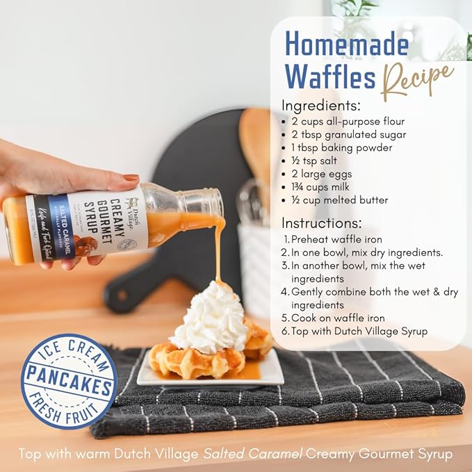 Creamy Gourmet Breakfast &amp Dessert Syrup | Organic Ingredients - Clean Label | Gluten-Free | Dutch Village Classic Original &amp Salted Caramel &amp Peach Cream &amp Snickerdoodle 12 fl oz - 4