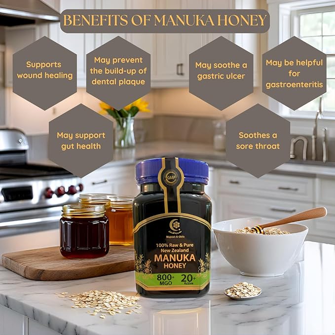 Mujezat Al-Shifa 100% Raw &amp Pure New Zealand Manuka Honey - MGO 800+ | 20+ Active | Premium Grade UMF Certified Honey 17.6oz / 500g