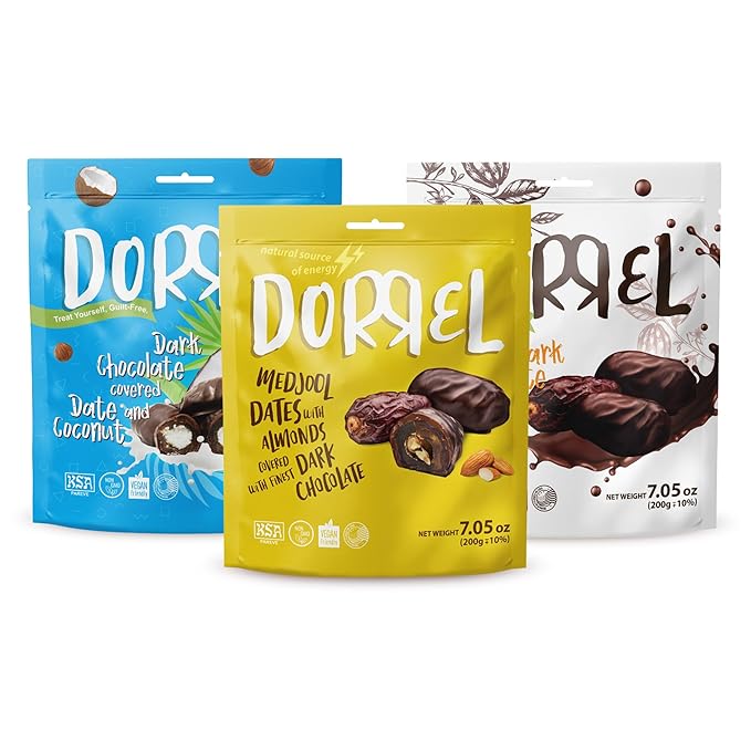 DORREL - Trio Bundle Pack: Belgian Dark Chocolate Covered Dates (Medjool) + Chocolate Dates with Salted Almonds &amp Coconut Stuffing High Energy Choco Snack Kosher &amp Non-GMO Pack of 3 7.05 oz