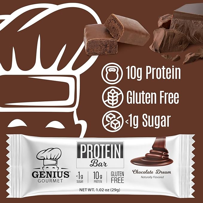 Genius Gourmet Protein Bar Chocolate Dream Keto Snack Low Carb Low Sugar &amp Gluten Free Protein Snacks for Adults 10G of Whey Protein per Protein Bar 5 Net Carbs 20 Count