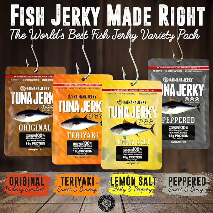 Kaimana Ahi Tuna Fish Jerky - Premium Protein &amp Rich In Omega-3's - All Natural &amp Wild Caught Tuna Jerky. Made in Hawaii USA. (4 Pack Variety Bundle)