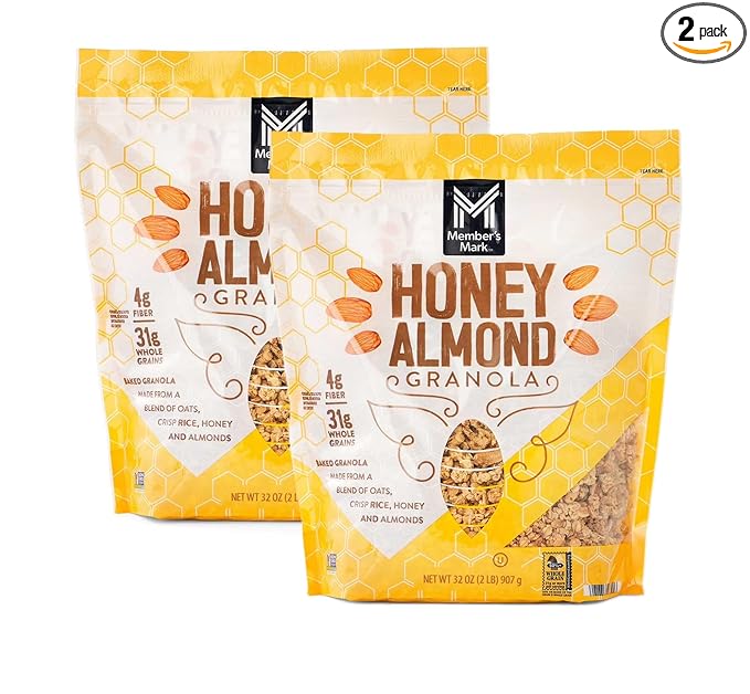 Member Marks Honey Almond Granola - 32 oz - Pack of 2 – Crunchy Whole Grain Oats with Sliced Almonds &amp Real Honey – Non-GMO No Artificial Flavors