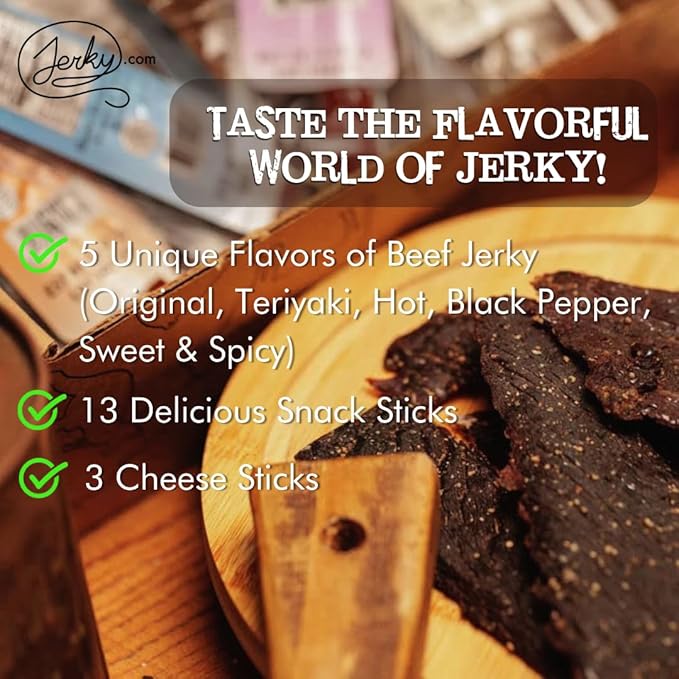 Jerky.com 21 Pieces of Beef Jerky Variety Pack &amp Meat Stick Gift Box for Men - Including 5 Flavors of Beef Jerky 13 Snack Sticks and 3 Cheese Sticks - Birthday gifts for men