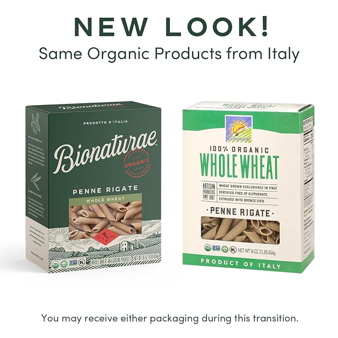 Bionaturae Penne Rigate Pasta Noodles - Whole Wheat Pasta Kosher Certified High Protein Non-GMO Verified USDA Certified Whole Wheat Penne Penne Pasta Organic Crafted in Italy - 16 Oz 6 Pack