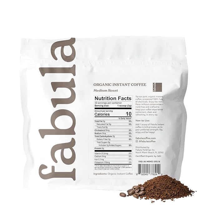 Fabula Organic Instant Coffee Low Acid Mold Free - Medium Roast 90g Convenient &amp Delicious