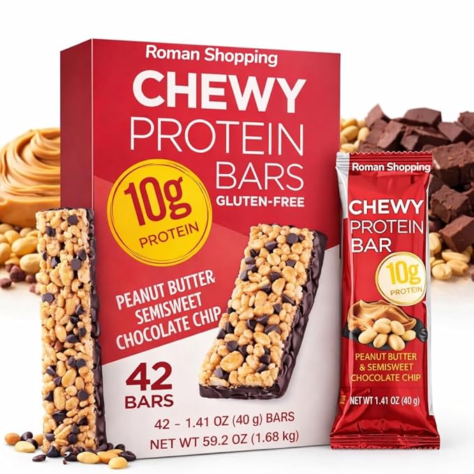 Peanut Butter &amp Chocolate Chip Protein Bars – 10g Protein per Bar Gluten Free Kosher – Soft Texture Snack Bars – 42 Count (1.41 oz Each) – Distributed by Roman Shopping – Kirkland