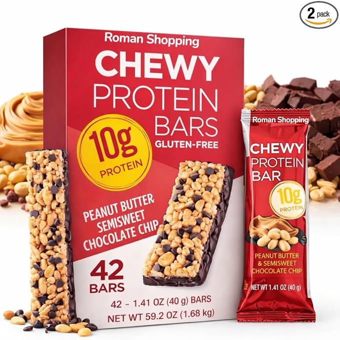 Kirkland Peanut Butter &amp Semisweet Chocolate Chip Protein Bars – 10g Protein Gluten Free Kosher 84 Count (2 Boxes) 1.41 oz Bars Net Wt 118.4 oz
