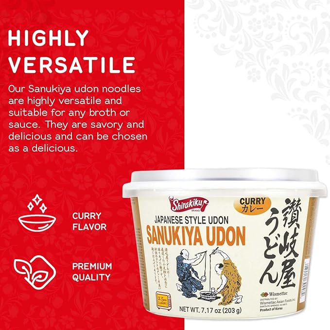 Shirakiku Japanese Style Sanukiya Udon Noodle - Microwavable Sanukiya Noodle Cup | Wheat Flour Original Curry Flavor - Perfect for Asian Cuisine 7.17 Oz - (Pack of 6)