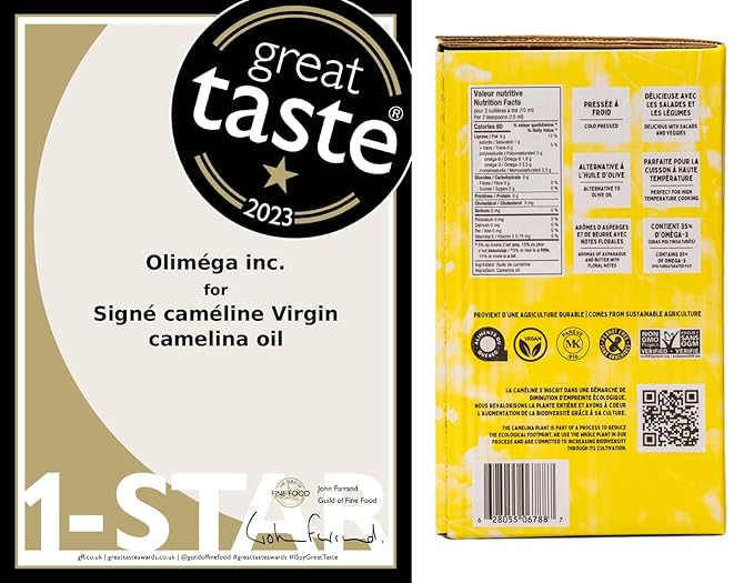 Signé Caméline. Virgin Camelina Oil. 1.32 gallons. Finishing and cooking oil. High in Omega-3. Smoke point 475 degrees fahrenheit. Substitute for olive oil. Produced in Canada.