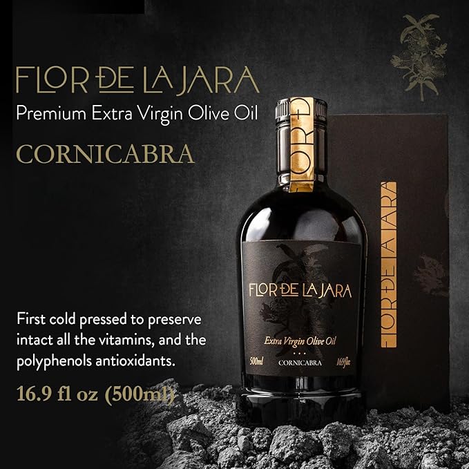 FLOR DE LA JARA Premium Extra Virgin Olive Oil from Spain First Cold Pressed Polyphenol-Rich Monovarietal Cornicabra Hand-Harvested Olives Family-Owned Grove Low Acidity (0.27%) 16.9 fl oz (500