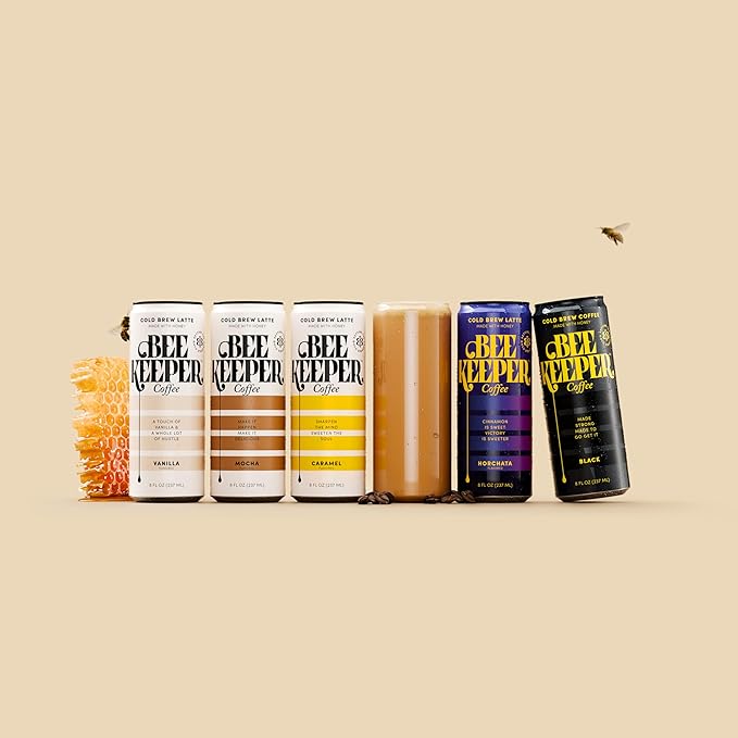 Beekeeper Mocha Latte Cold Brew Coffee Drinks with Oregon Honey | 12 Pack Refreshing Iced Coffee - Unsweetened &amp Strong Arabica Brew 8 fl oz Ready-to-Drink Can - 180mg Natural Caffeine