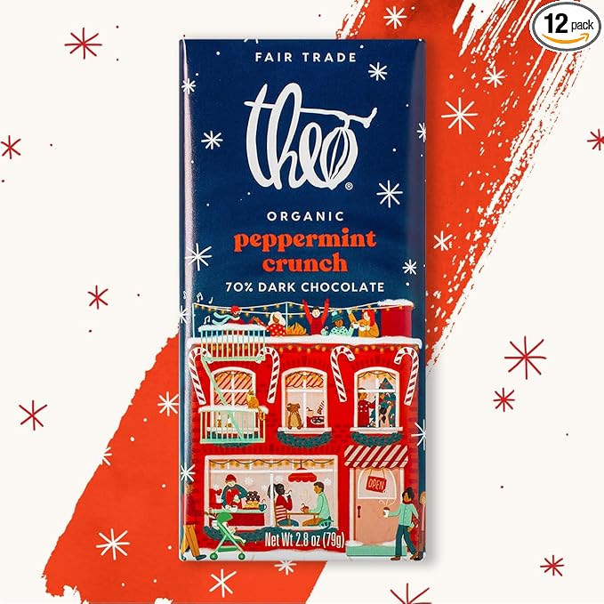 THEO Chocolate Holiday Peppermint Crunch Organic Dark Chocolate Bar 70% Cacao 12 Pack | Vegan Fair Trade 2.8 ounces