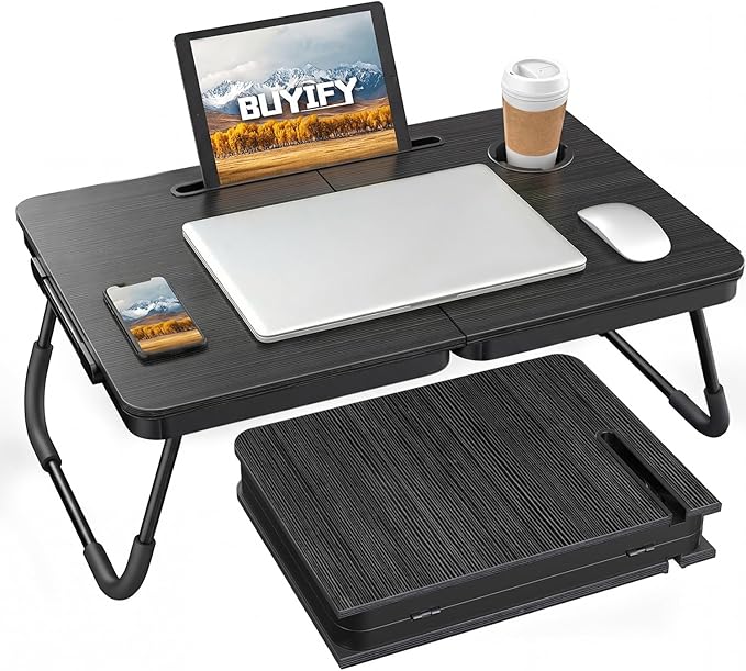 BUYIFY Foldable Laptop Bed Desk for Couch Sofa - Large Lap Desk Tray Table with Cup Holder and Tablet Slot - Portable Notebook Stand for Eating Writing Studying and WFH (Black)- USA Original Patent