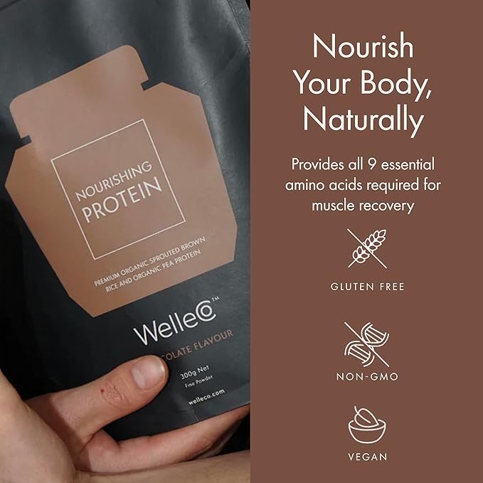 WelleCo Plant-Based Chocolate Protein Powder Organic Brown Rice &amp Pea Blend 16g Protein per Serving Dairy-Free Supplement for Energy Recovery &amp Daily Nutrition 35.2 oz