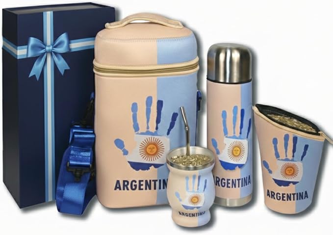 Yerba Mate Cup Set – Complete Argentine Yerba Mate Kit - 750 ml Stainless Steel Bottle Mate Gourd Bombilla Neoprene Bag Yerba Container &amp Gift Box (Mano Argentina)