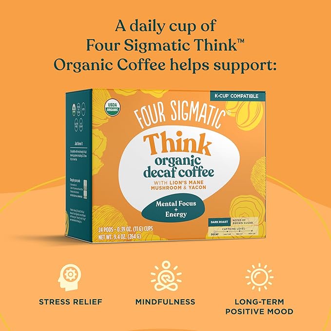 Four Sigmatic Decaf Mushroom Coffee K-Cups | Organic Dark Roast Coffee with Lion’s Mane &amp Yacon | Focus &amp Immune Support | Vegan &amp Keto | Sustainable Pods | 24 Count