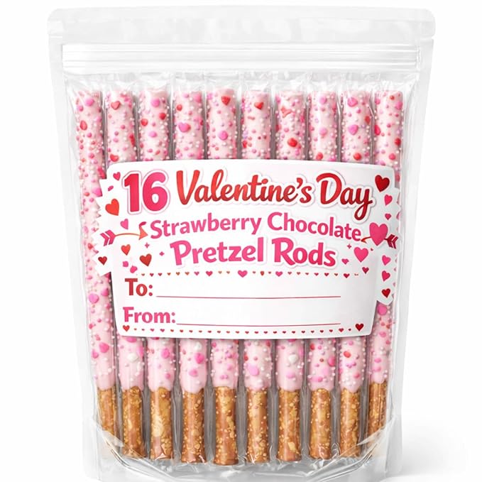 16 Valentine’s Day Strawberry Chocolate Pretzel Rods – Individually Wrapped