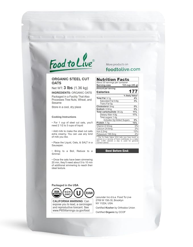 Food to Live Organic Steel Cut Oats 3 Pounds — 100% Whole Grain Irish Oats Non-GMO Cereal Non-Irradiated Vegan Bulk Product of the USA