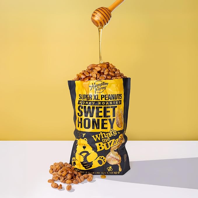 Hampton Farms - Super Extra-Large Sweet Honey Roasted Peanuts – 40 oz Resealable Bag – Crunchy Glazed Snack for Charcuterie Boards Lunches &amp Sweet-Salty Cravings (1 Pack)