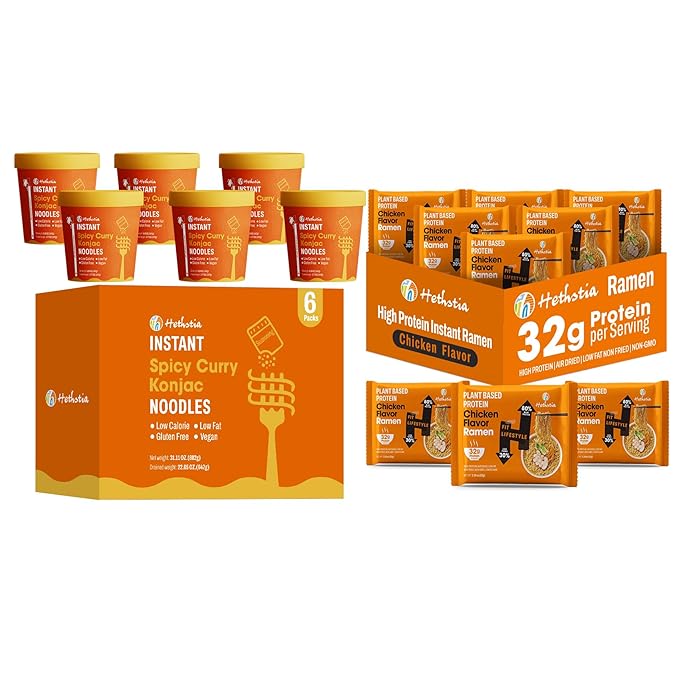 Hethstia Spicy Curry Konjac Pho &amp Chicken High Protein Ramen Cup – Vegan Shirataki Soup + 32g Plant Protein – 6 Curry Pho Cups + 6 Chicken Ramen Cups