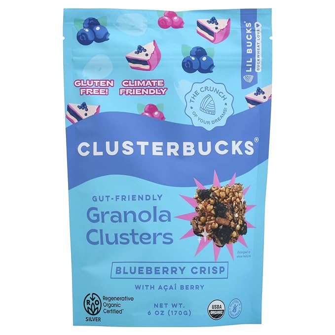 Clusterbucks Superfood Clusters – Grain-Free Keto-Friendly Granola with Regeneratively Grown Sprouted Buckwheat– Gluten-Free Low-Carb Organic Healthy Snack (6 Ounce (Pack of 6) Blueberry Crisp)