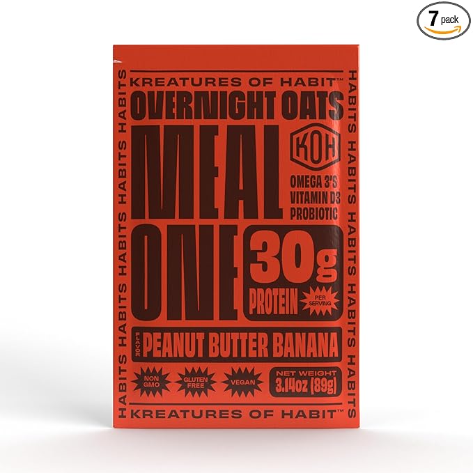 Kreatures of Habit MEAL ONE | Overnight &amp Instant Superfood Protein Meal Replacement | Gluten Free Dairy Free 30g of Plant Based Protein With No Added Sugar | Peanut Butter Banana | Pack of 7