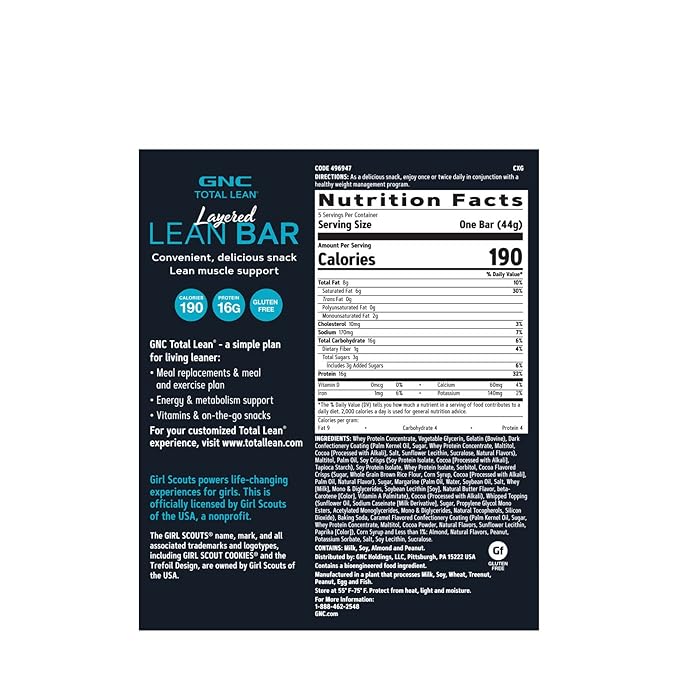 GNC Total Lean Layered Lean Bar | Hunger Satisfying High Protein Snack Bar | Girl Scouts Adventurefuls | 5 Bars 11.0 pounds