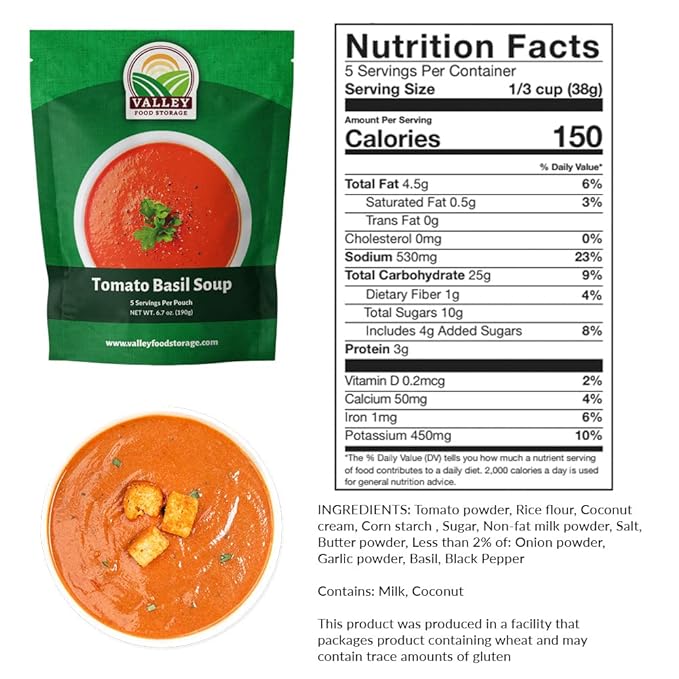 Valley Food Storage Tomato Basil Soup | 10-Bag Bucket 50 Servings | Premium Emergency Food Supply with 25 Year Shelf Life | Survival Meal Kits Prepper Food Camping &amp Off-Grid Living Supplies |