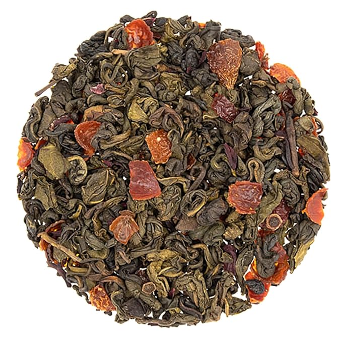 Pomegranate Hibiscus Flavored Green Tea - 16oz | Loose Leaf Tea with Tart Fruit Notes and Floral Aroma | Hunan Sencha Style Green Tea | Naturally Flavored Refreshing Tea