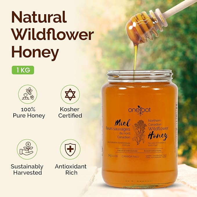 OneRoot Natural Wildflower Honey - 2.2 lbs / 1kg Pure Canadian Boreal Forest Honey - Unpasteurized Minimally Filtered &amp Single-Source - Rich in Enzymes &amp Antioxidants