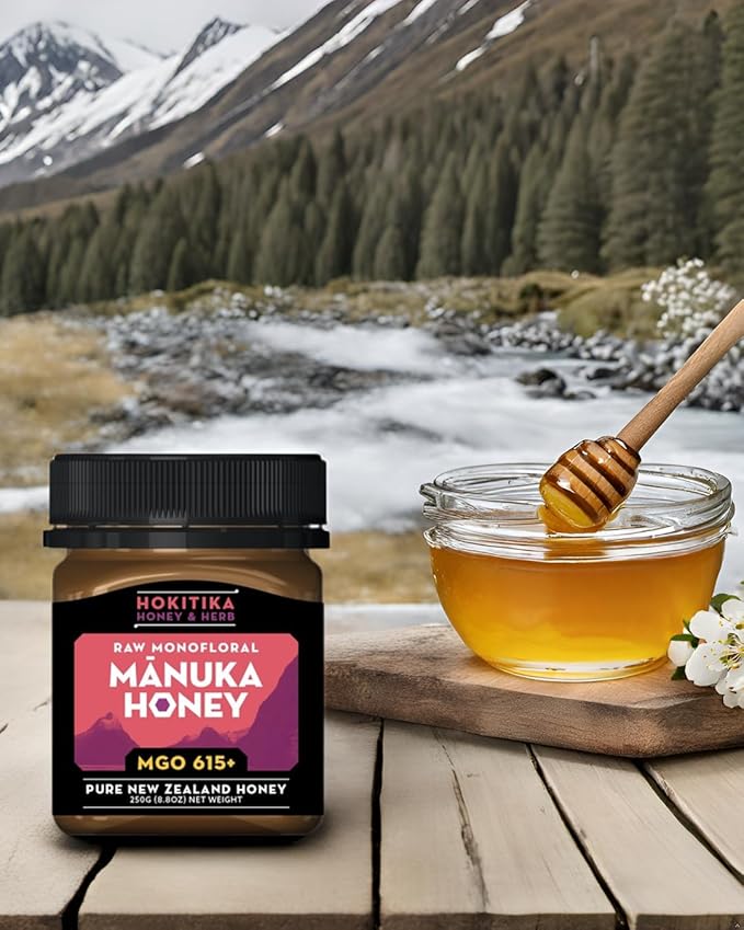 Hokitika Honey &amp Herb Raw Manuka Honey MGO 615+ from New Zealand. 100% Pure High Strength Medical Grade Non-GMO Monofloral Manuka flower honey. 8.8oz (250g)