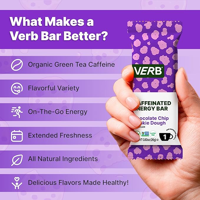 Verb Caffeinated Energy Bars Chocolate Chip Cookie Dough (26g Pack of 16) 110-Calorie Delicious Energy Bar Gluten Free On-the Go Snack with 80mg Green Tea Caffeine Only Real-Food Ingredients