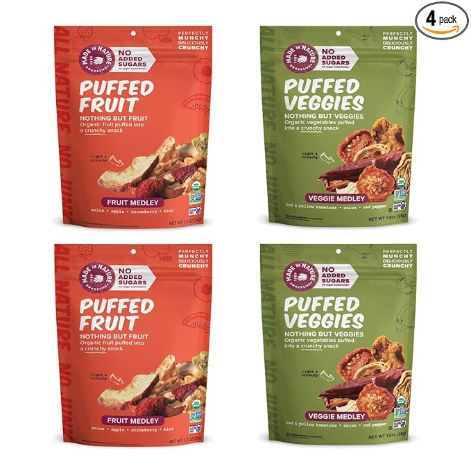 Made In Nature Organic Puffed Fruit &amp Veggie Medley Duo Pack 1.1 Ounce Bag (Pack of 4) - Includes 2 Fruit Medley 2 Veggie Medley