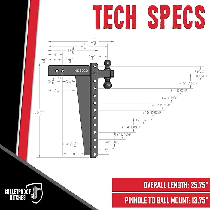 BulletProof Hitches - 3.0 Adjustable Heavy Duty Trailer Hitch (22000 lb. Rating) - 20 Drop/Rise Trailer Hitch with 2 &amp 2-5/16 Dual Ball - Powder Coat Solid Steel Corrosion-Resistant
