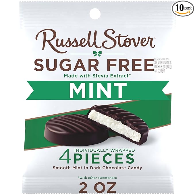 RUSSELL STOVER Sugar Free Dark Chocolate Mint Patties Candy 2 oz. bag (Pack of 10)