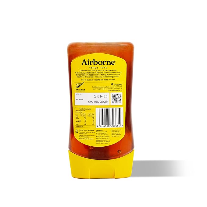 Airborne Honey Manuka Honey Multifloral 30+ 17.3 oz Upside Down Squeeze Raw and Unfiltered 100% Pure New Zealand Honey With Health Benefits