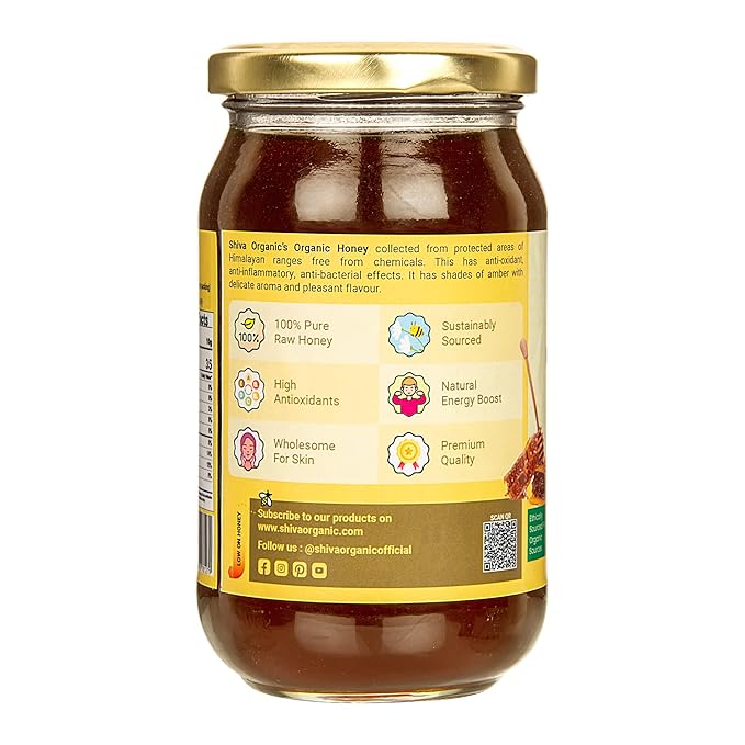 Shiva Organic's NPOP Organic Certified Honey - NMR Tested Natural Honey No Added Sugar Flavorful - 17.63 ounces (500g)