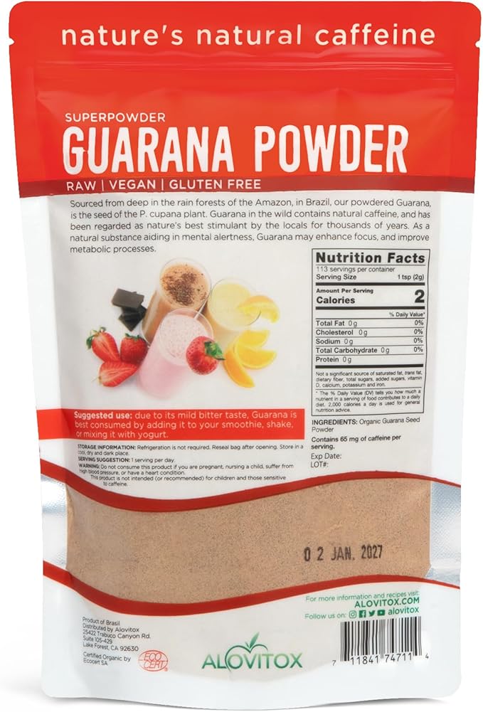 Alovitox Organic Guarana Seed Powder | Raw Guarana Seed Extract Vegan Non-GMO &amp Gluten-Free (Superfood 65mg of Natural Caffeine per Serving) 8oz/113 Servings