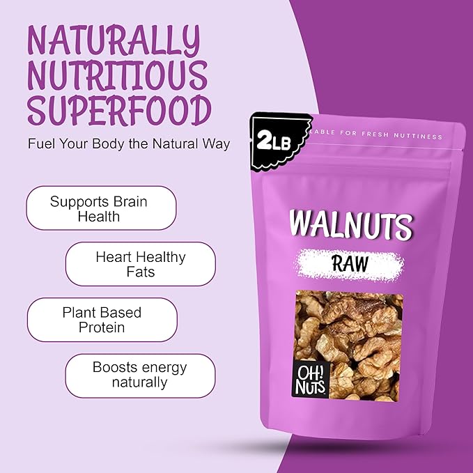 Oh! Nuts Raw Walnuts 2lb Bulk Bag - Unshelled Healthy Mix of Chandler Halves &amp Pieces - Fresh &amp Healthy Keto Snacks - Chopped Nuts for Vegan Paleo &amp Gluten-Free Diets - For Gourmet Baking